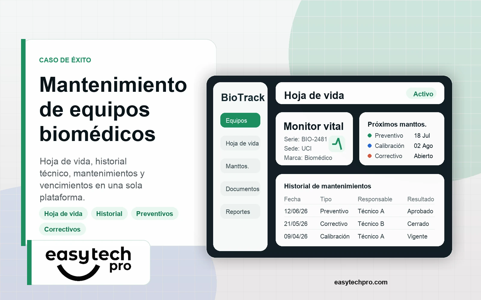 Caso de éxito de Sistema de mantenimiento de equipos biomédicos en Salud y mantenimiento biomédico: Sistema para controlar hoja de vida de equipos biomédicos, historial de mantenimientos, responsables, documentos y vencimientos.