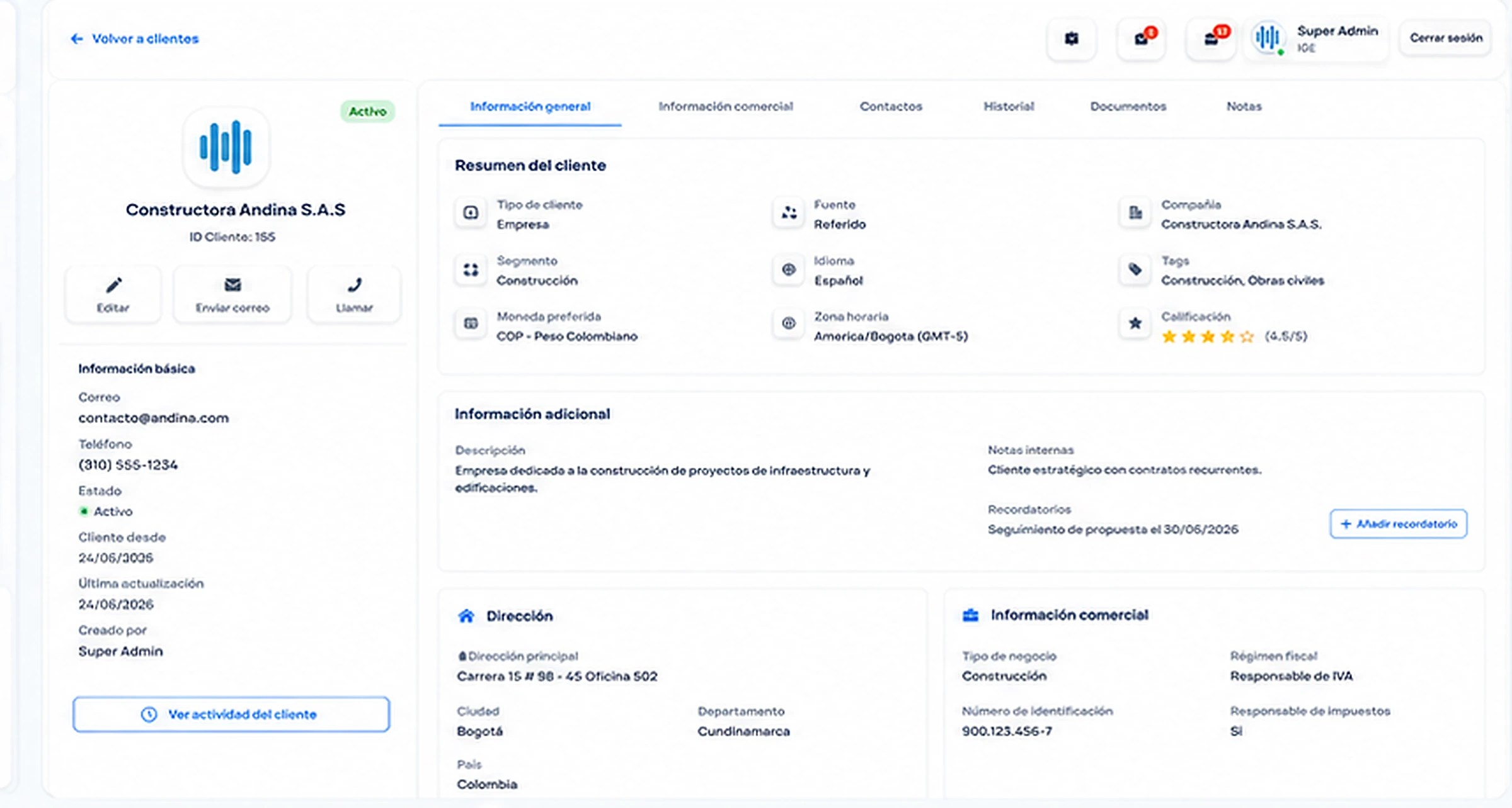 Perfil de cliente en Conexa CRM con información general, comercial y recordatorios