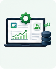 Ilustración de software empresarial con panel de métricas y base de datos