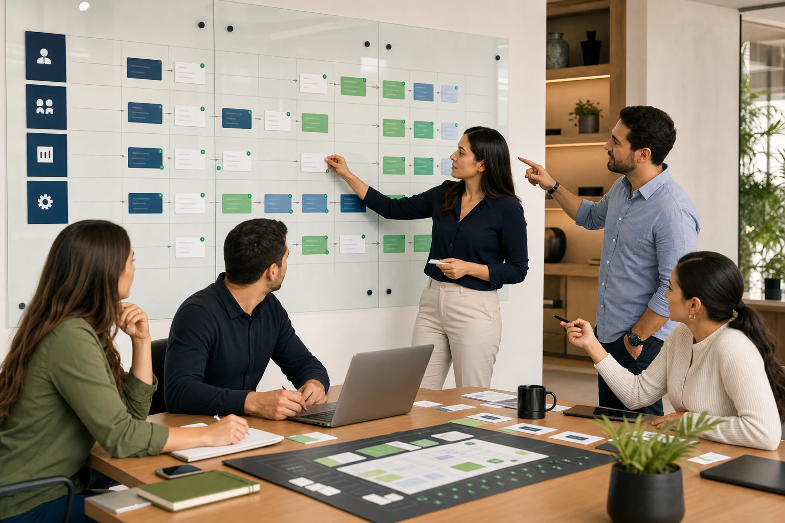Equipo de consultoría organizando una matriz de procesos empresariales